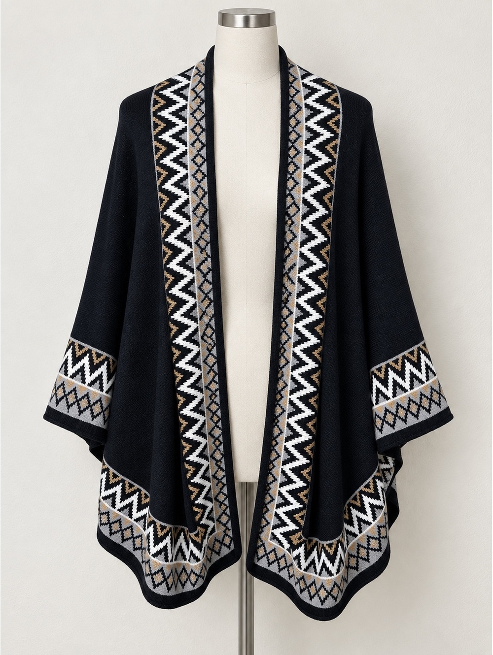 Ella Moss M/L Black Geometric Knit Open Front Poncho Cape Convertible Sleeves